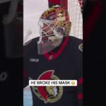 Sean Walker's shot put a dent in Ullmark's mask, right between the eyes 😳