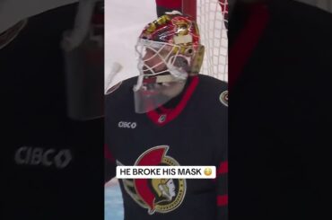 Sean Walker's shot put a dent in Ullmark's mask, right between the eyes 😳