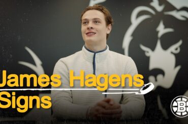 James Hagens speaks after signing his ELC with the Boston Bruins