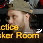 Morgan Geekie and David Pastrnak talk with the media after practice