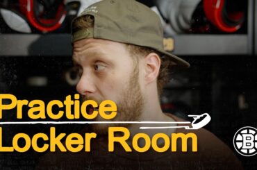 Morgan Geekie and David Pastrnak talk with the media after practice