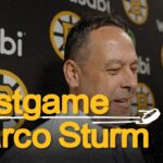 Marco Sturm speaks to the media following the Bruins 3-2 win over the Blue Jackets in Columbus.