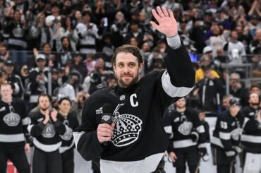 BEAUTIFUL MOMENT: Anze Kopitar addresses the crowd and media after his last regular season home game