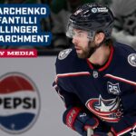 Kirill Marchenko, Adam Fantilli, Cole Sillinger and Mason Marchment speak to the media at exit day