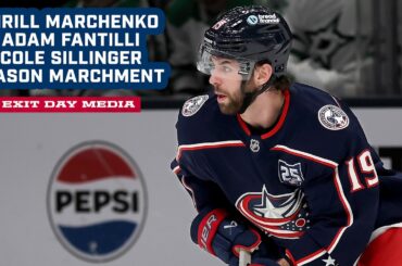 Kirill Marchenko, Adam Fantilli, Cole Sillinger and Mason Marchment speak to the media at exit day