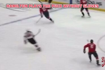 DOUGIE HAMILTON TOSSES HIS GLOVES TO THE ICE; PLAYS THE PUCK BAREHANDED #NJDevils