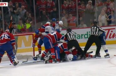 Brayden Point Hits Jakub Dobes Causing Big Scrum