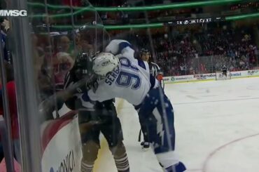 Mikhail Sergachev fights against Severson after Devils players hits Vasilevskiy (15 feb 2022)
