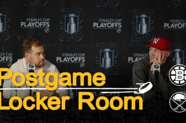 Viktor Arvidsson and Morgan Geekie talk after B's beat the Sabres 4-2 in Round 1, Game 2