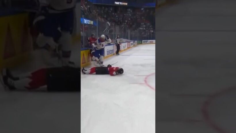 Ryan Lindgren knocks out Evan Bouchard and gets ejected from the game #hockey @IIHF #iihfworlds