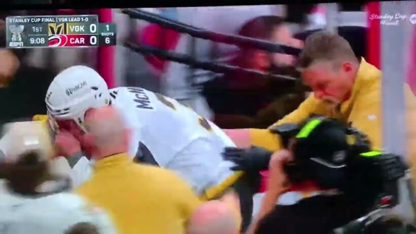 VGK D #3 Brayden McNabb Takes a Puck Dead center to his face.